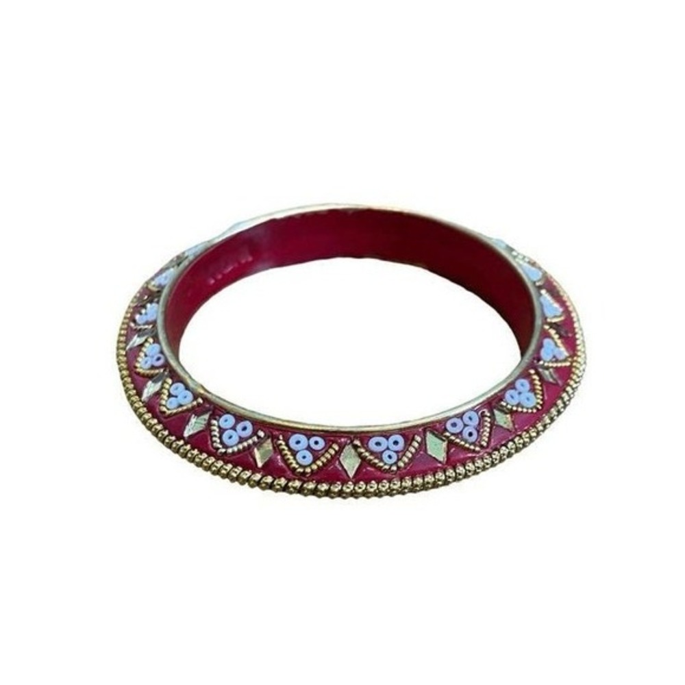 Vintage India Bangle Bracelet Red Gold White Bead‎ Mirror Encrusted Metal